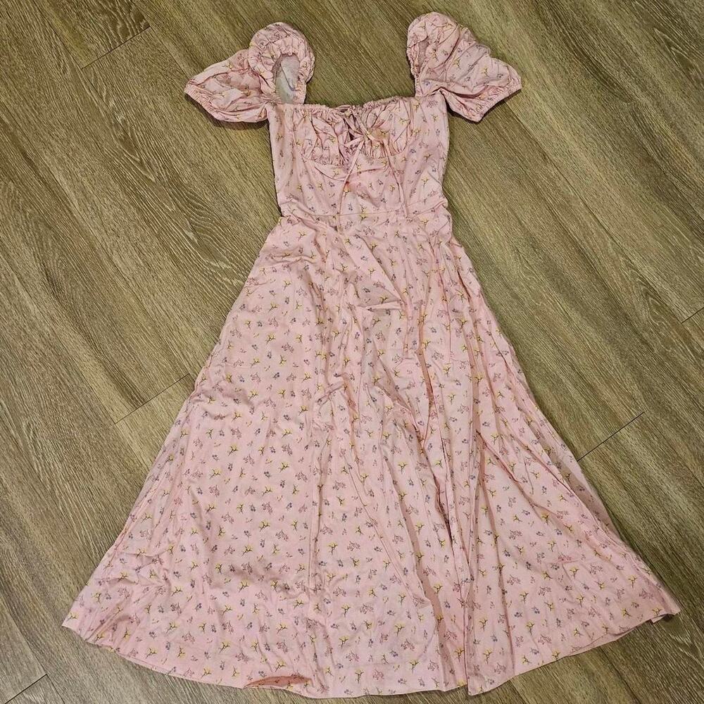HOUSE OF CB 'Tallulah' Pink Floral Puff Sleeve Midi Dress